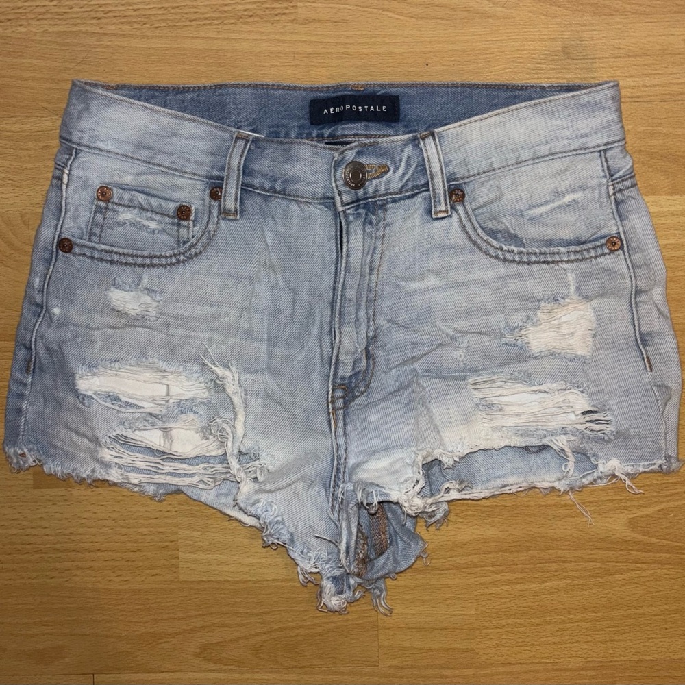 Aeropostale Women's Distressed Light Blue Denim Shorts | High Rise Shorty | 4